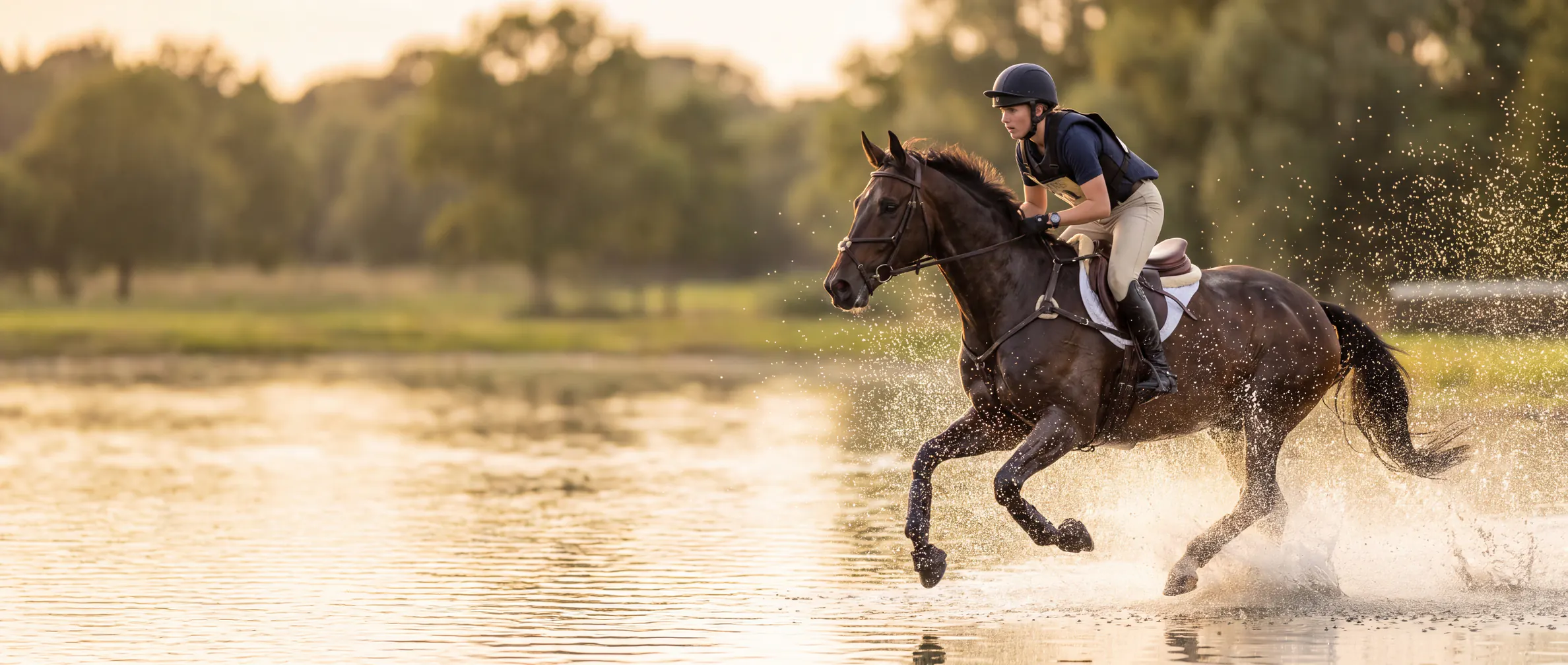 Călăreț și cal de sport în galop prin apa unui parcurs de concurs complet